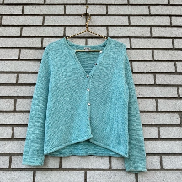 LL Bean Aqua Teal Knit Cotton Cardigan Sweater Mother Of Pearl Buttons - Picture 1 of 9
